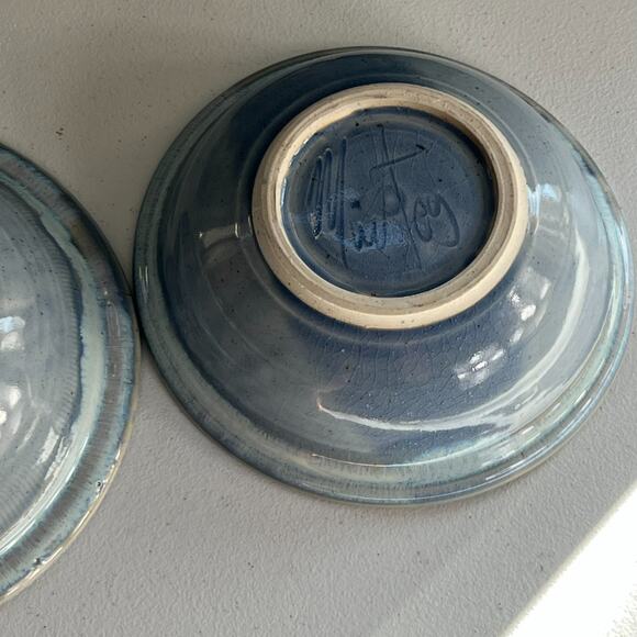 Studio Pottery Art Stoneware Bowls Set of 2 Glazed Dipped Blue Speckled - Picture 9 of 13